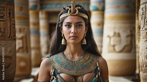 Portrait of a beautiful woman princess in traditional Egyptian clothing in an ancient Egyptian temple. Cleopatra or Nefertiti Queen of Egypt