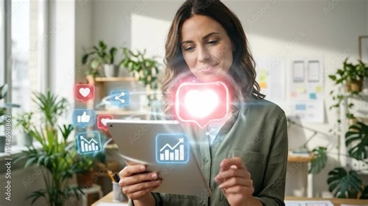 Woman interacting with tablet in modern office. Social media icons like hearts and shares float around her as she smiles. Analytics graphs and data visualizations appear for digital engagement