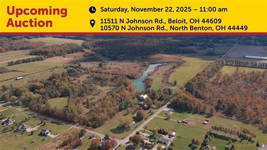 🏡 Two absolute auctions on one day! Auction #1: 95.6 acres in West Branch Schools with early turn of the century two-story fixer-upper brick home, three-bedroom ranch home (currently rented at $400/month), older bank barn, 32x40 garage, beautiful 7.7-acre strip-mine stocked lake, loads of road frontage on two roads, mostly open land with some woods and pasture, free gas heat, and mineral rights go with. Auction #2: 5.08 acres with fixer-upper ranch home featuring two bedrooms, full basement wit