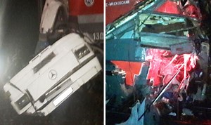 Horrific crash leaves bus torn apart by train in Russia