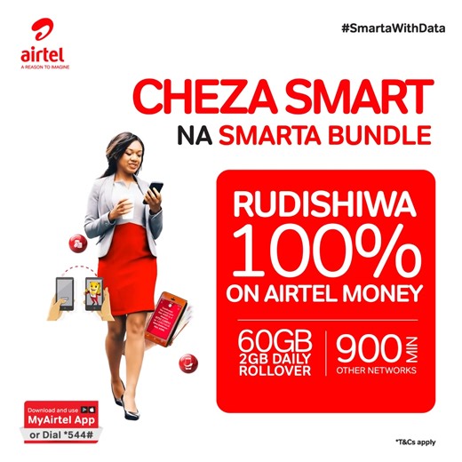 346 reactions · 93 comments | Ni end month and we're giving you more reasons to smile. Get Smarta Bundle and enjoy 100% cashback as airtime on bank transfers, agent withdrawals na ukilipa bills using Airtel Money. Dial *544# or Use MyAirtel App https://bit.ly/2DitZAH​ to subscribe. #SmartaWithData T&Cs apply | Airtel Kenya | Facebook