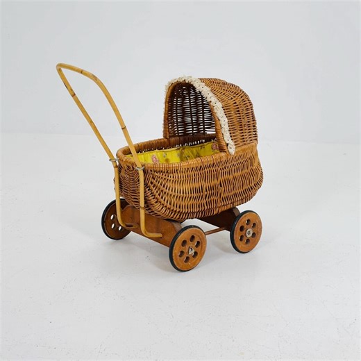 Vintage Wicker Doll Carriage | 1960s Handmade Rattan Doll Stroller With Wooden Wheels | Vintage Nursery Decor or Photography Prop - Etsy