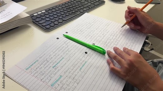 Middle School boy doing homework writing out vocabulary words for English Language Arts class.