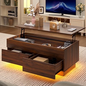 Hommpa LED Coffee Table with Lift Top and 2 Drawers, Hidden Compartment for Living Dining Room Walnut Sofa Side End Table
