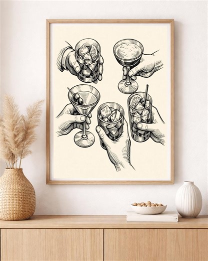 Vintage Cocktail Wall Art Printable, Bar Cart Decor Print, Classic Drink Illustration, Black and White Kitchen Art, Digital Download - Etsy