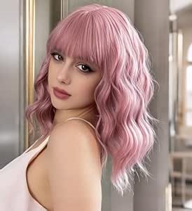 VCKOVCKO Pink Wavy Wig With Air Bangs Gift for Lady and Girls Women's Short Wigs Curly Wavy Shoulder Length Synthetic Wig for Women Daily Use Colorful Wigs(12", Purple Pink)