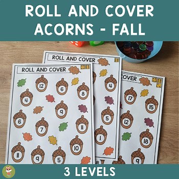 Roll & Cover Fall, Acorn Math Dice Game, 3 Levels, Numbers 1–18