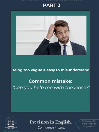 📧 Common Email Mistakes (Part 2) Being vague can cause confusion, especially in legal emails. Here’s how to be clear and specific. 🧠 Want more real-world writing tips for law and business? Follow for weekly examples and tricks that actually work. #legaltips #lawstudent #legalenglish #englishtips #grammartips #eal #esl #internationallawstudent #englishforlawyers #precisionenglish #englishgrammar #writingtips #lawschooltips #legalwriting #legalenglishtips #learnlegalenglish #languagematters #law