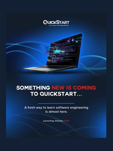 Something new is coming to QuickStart… 👀 A fresh learning experience is on the way, and we’re getting ready to introduce an exciting upgrade. It’s designed to help learners grow, level up, and step into 2026 with something truly exciting. Stay tuned for more details soon. Launching January 2026. ✨ #QuickStart #SoftwareEngineering #LevelUpLearning #2026Launch#LevelUpSkills