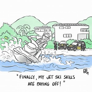 🎨#CARTOON : High tides and missing jet skis This week began with an unusual twist, as the Federal Police raided the home of one of former President Jair Bolsonaro's politician sons in connection with recent allegations that the previous administration had created a parallel intelligence agency to spy on political opponents. Neither Mr. Bolsonaro nor his sons were in the house at the time of the raid, having coincidentally or not taken a fishing and jet ski trip at the time. They had gone fishin