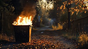 A trash can on fire in the middle of a dirt road