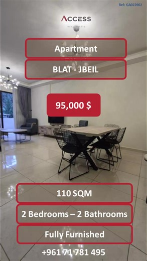 Apartment for Sale – Blat, Jbeil A cozy fully furnished apartment located in a calm residential area in Blat, offering a comfortable layout and a beautiful mountain view. Property Details: Total Area: 110 sqm Floor: -2 Price: 95,000 USD Mountain View Apartment Layout: 2 Bedrooms 2 Bathrooms Living Room Dining Area Fully Equipped Kitchen Additional Features: Fully Furnished Fully Decorated Well-Maintained Building Quiet Neighborhood An excellent opportunity for residential living or investment in
