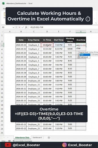 Calculate Working Hours & Overtime in Excel Automatically ⏱️🔥 #excel #shorts #exceltips #exceltricks