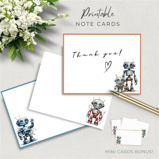 Printable Robot Kids Note Cards Set, Instant Download, 6 Designs, Thank You Notes, Mini Cards Bonus - Etsy