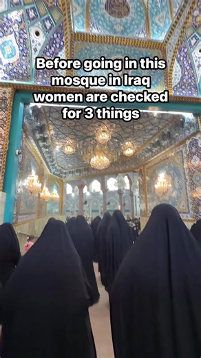 Before going in this mosque in Iraq women are checked for 3 things 1. Cannot have weapons of any kind. (Obviously) 2. No make up is allowed and no nail polish. 3. You must be fully covered from head to toe. The only thing that can’t be showing are your face, feet and hands. No hair, no skin But you are definitely rewarded with a beautiful site when you get inside #mosque #imamali #iraq | Chloe Jade Travels