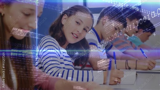 Teenage girl writing in classroom, binary overlays sweeping across desks and drawing brief smile