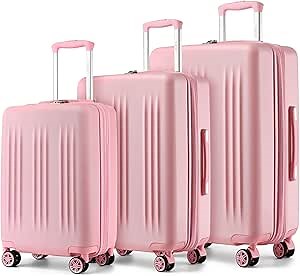 Kono Expandable Luggage 3 Piece Set Hardshell Lightweight 20in 24in 28in Carry On Suitcase with Spinner Wheels TSA Lock(Pink)