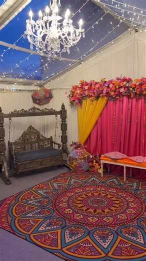 Ladies Sangeet Prop Hire on Instagram: "Second setup for our lovely client ✨ 10ft mehndi garland backdrop paired with our swing, rug & wooden framed bench. An explosion of colour for our client’s sangeet 💃🌸 . . Our family! @ladies_sangeet_propsuk @east_end_events_uk . Please feel free to reach out with any enquiries on 07907406730! . . #Vanai #civilceremoney #pithi #jaggo #madwo #haldi #sangeetnight #mendhinight #mendhidecor #birthday #preweddingparty #babyshower #indianwedding #ladiessangeetn