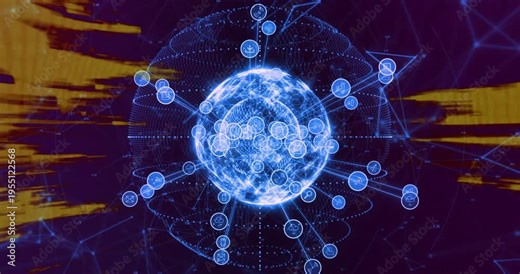 Blue globe pulsing in purple data field, shell showing, spawning nodes by radial links forming net