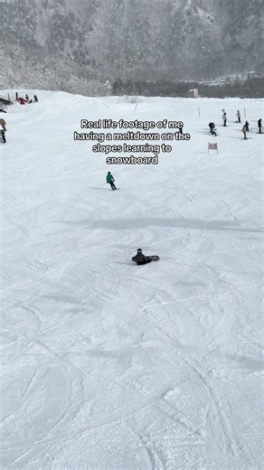 In my defence this was day 8 and I’m absolutely exhausted. I also all of suddenly got “the fear” for no reason what so ever and couldn’t bring myself to go nose down on the board to get onto toe side. Please tell me getting the fear is normal when learning? #snowboarding #hakuba #japan #learningtosnowboard
