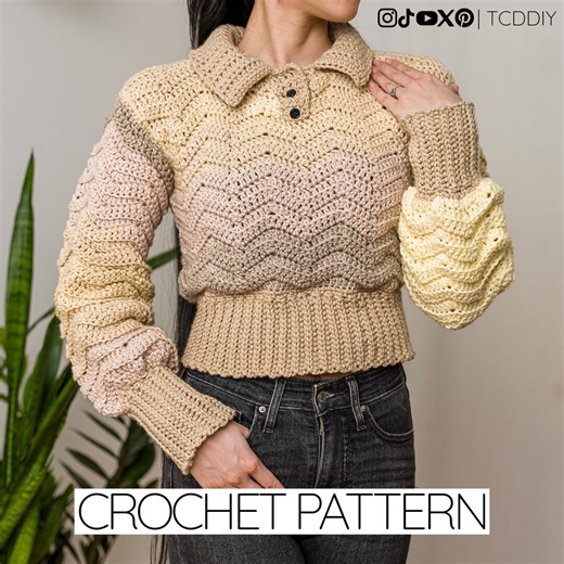Crochet Pattern | Chevron Collared Sweater W. Buttons | PDF Download - Etsy