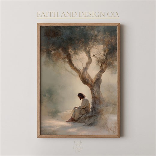Jesus Praying Under Olive Tree Print – Peaceful Neutral Christian Wall Art, Soft Painterly Fine Art of Christ, Modern Spiritual Decor - Etsy