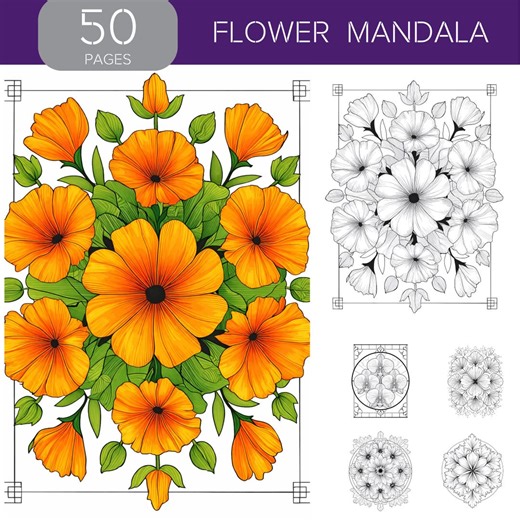 Floral Mandala Coloring Pages - PDF File| Flower Mandala Art | Printable Coloring Pages | Relaxing Mandala Flowers | Digital Download - Etsy