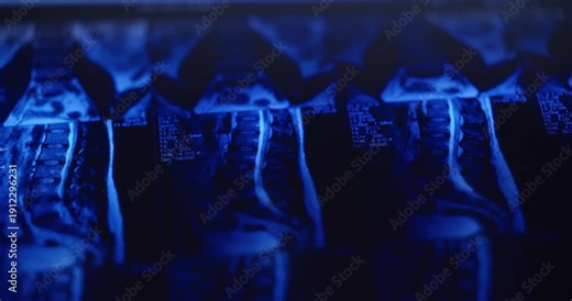 Mri scan of spinal column with disc protrusion, blue color top view slow video.