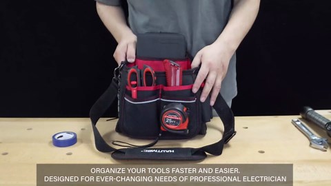 Amazon.com: HAUTMEC Electrician Tool Pouch Bag with Kickstand, Heavy-Duty Tool Bag with 14 Pockets, Padded Shoulder Strap, Belt Loop, Tape Clip & T-Chain Holder - HT0399 : Tools & Home Improvement