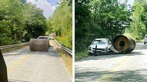 Carro é esmagado por rolo compressor fora de controle