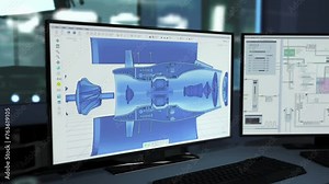 Modern technology used for machine part design. Designing parts for heavy industrial machinery with 3D visualisation software. Analysing the complicated structure of the machine part design.
