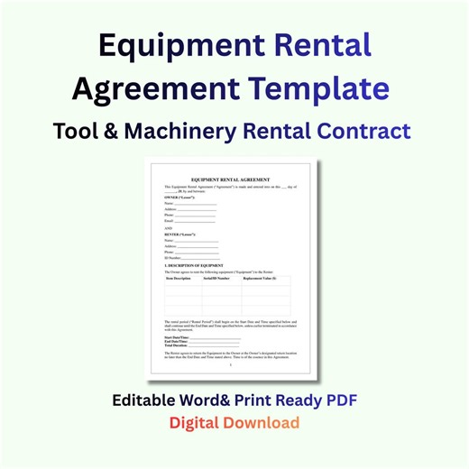 Equipment Rental Agreement Template | Tool & Machinery Rental Contract | Editable Legal Form - Etsy Canada