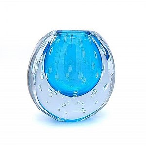 YourMurano - Murano Glass Rounded Vase for Home Decor, Luxury Handmade Artwork Light Blue and Crystal Colored, Trademark of Origin Included