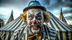 Creepy clown with an unsettling grin in front of a circus tent, embodying fear and horror. Perfect for Halloween, horror themes, and sinister circus concepts