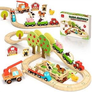 Train Set, Wooden Train Set for Kids, Train Toy for Boy 2 3 4 5 Year, Train Track Toy Set with Farm Accessories, Toy for 2 Year Old Kids Birthday Gift, Compatible with Other Brands