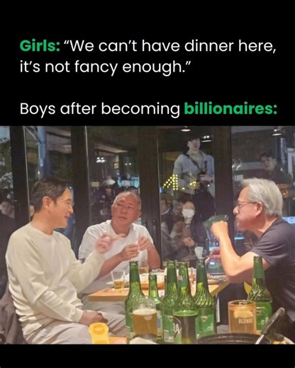 Motivation | Business | Entrepreneurship on Instagram: "They're worth billions but won't eat here. Imagine dining with some of the world's most powerful tech moguls, only to be turned away because the restaurant isn't fancy enough. NVIDIA CEO Jensen Huang, Samsung Electronics Chairman Lee Jae-yong, and Hyundai Motor Group Chairman Chung Eui-sun can relate to this story, as they were spotted having beers at a chicken restaurant in Seoul. Their combined net worth is almost $200 billion."