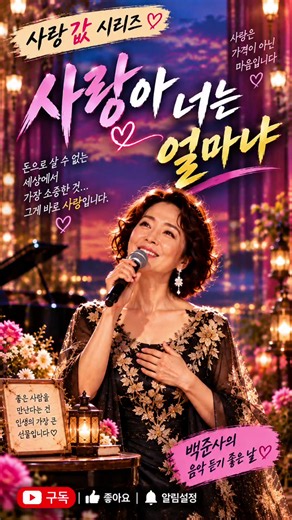 ❤️ 사랑아 너는 얼마냐 사랑아, 너는 얼마냐? 돈으로 살 수도 없고 값을 매길 수도 없는 것이 사람의 진짜 마음 아닐까요. 국악의 아름다운 선율과 함께 사랑의 의미를 노래했습니다. 🎵 🎧 이 노래가 마음에 드셨다면 한 곡만 듣고 가지 마세요! 👇 아래 ‘관련 동영상’을 터치하시면 ❤️ 〈사랑값 시리즈〉 15곡을 연속으로 감상하실 수 있습니다. 사랑, 정, 그리움 그리고 사람의 마음을 담은 백준사의 감성 노래를 편안하게 들어보세요. 🍁 산책할 때 🚗 드라이브할 때 ☕ 차 한잔하며 듣기 좋은 노래입니다. ❤️ 구독 👍 좋아요 🔔 알림설정 여러분의 응원이 큰 힘이 됩니다. 🎵 백준사의 음악 듣기 좋은 날 #사랑아너는얼마냐 #사랑값시리즈 #사랑노래 #국악트로트 #국악퓨전