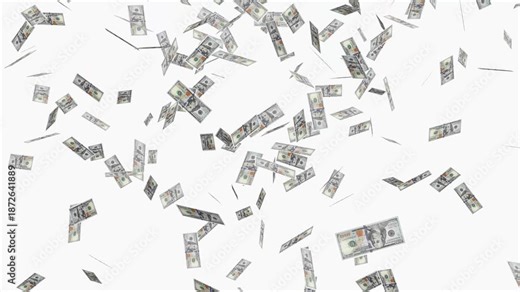 Money rain loop- Rain of banknotes animation on white background. Banknotes of the us american dollar are flying. Money flowing like a storm. Way to success concept- Money rains from the white sky.