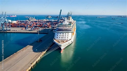 Aerial cruise ship docking beside container terminal - industrial cranes and stacked containers - tugboat assisting approach - dockworkers preparing gangway - cargo operations and logistics
