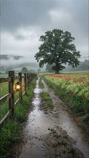 Rain on a country lane full of poppies 🌧️ 13 seconds of calm before you sleep