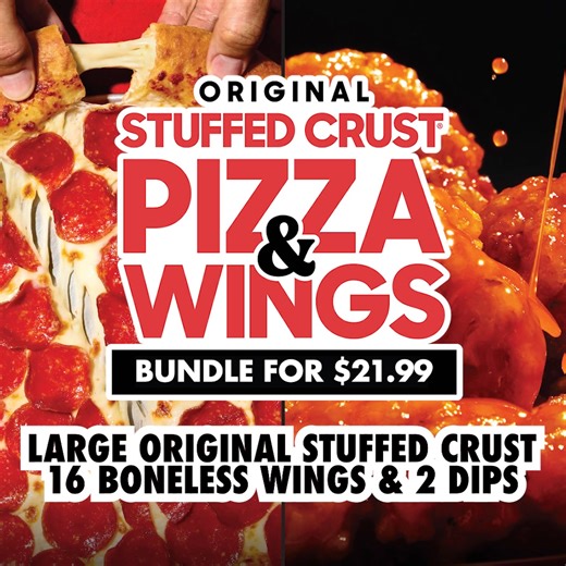 34 reactions | Stuffed crust lovers, rejoice!  Large, stuffed crust 1-topping pizza + 16 boneless wings + 2 dips = $21.99 of pure happiness!  | Pizza Hut | Facebook