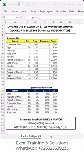 92K views · 434 reactions | Dynamic Use of #XLOOKUP & Two Way Return Array in XLOOKUP in #Excel 365 (Alternate INDEX+MATCH) =XLOOKUP(B7,item,XLOOKUP(C7,quantity,discount,0,-1),0,-1) =IFNA(INDEX(discount,MATCH(B7,item,0),MATCH(C7,quantity,1)),0) | Excel Basement | Facebook
