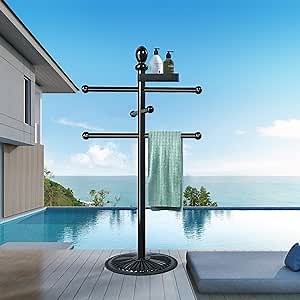 Outdoor Pool Towel Rack, Never Tilt All Body Metal Heavy Duty Pool Accessories, 6 Bars Hot Tub Accessories Towel Stand for Pool, Spa (Top Basket Included), 4.4FT, Black