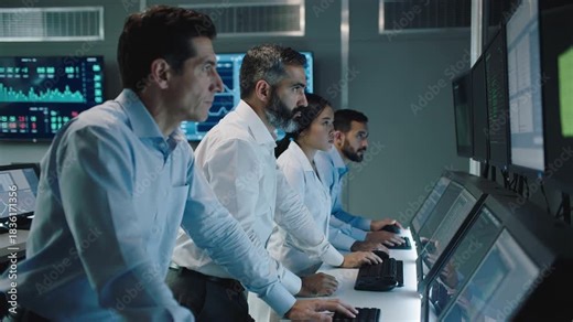 Focused team analyzing data in hightech control room with advanced display panels