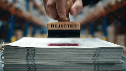 A hand repeatedly stamps a large pile of documents with a "REJECTED" stamp, leaving red marks. This scene, set in a massive warehouse, emphasizes bureaucratic denial and high-volume processing.