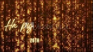 4K Animated Happy Anniversary 26th of February. Happy Anniversary Text Animation with Black and Gold Indoor Floodlights Background. Suitable for Anniversary event, party and celebration.