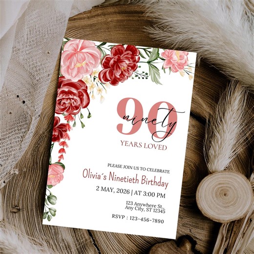 90th Birthday Invitation, Elegant Floral Celebration for Her, Ninetieth Birthday Party Invite, Editable Canva Template - Etsy UK