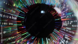 Human eye is showing a digital overlay with data streams, visualizing the concept of artificial intelligence, biometrics and machine learning