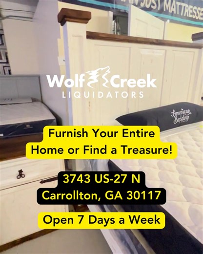 18K views · 54 reactions | Massive savings on liquidated furniture! Our giant warehouse showroom is packed with overstocks, floor models, closeouts, and scratch & dent deals — all priced to move. ✅ Sofas, sectionals, dining, mattresses, bedrooms & more! ✅ Financing available ✅ In stock and ready to take home Come shop Wolf Creek Liquidators!  3743 US-27 N, Carrollton, GA  (678) 601-3501 You won’t believe these prices until you see them. | Wolf Creek Liquidators | Facebook