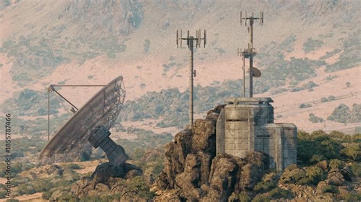 A military base situated in a mountainous region features large radar dishes and communication towers, surrounded by rugged terrain. The structures highlight advanced technology for secure operations.